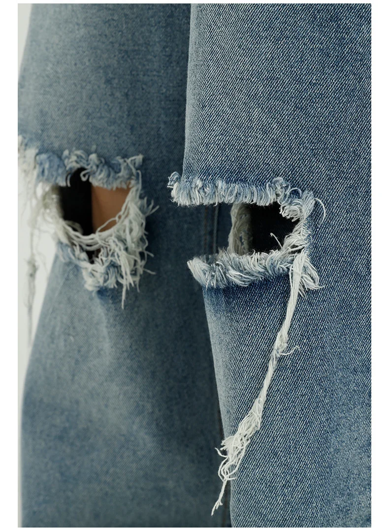 

IEFB 2021 Summer New Hip Hope Blue Jeans Korean Trend Loose Personality Hole Casual Wide Leg Jeans Men Denim Trousers 9Y7355