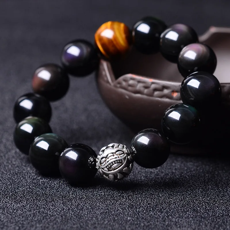 Браслеты и браслеты из натурального обсидиана Pixiu двойные радужные бусины