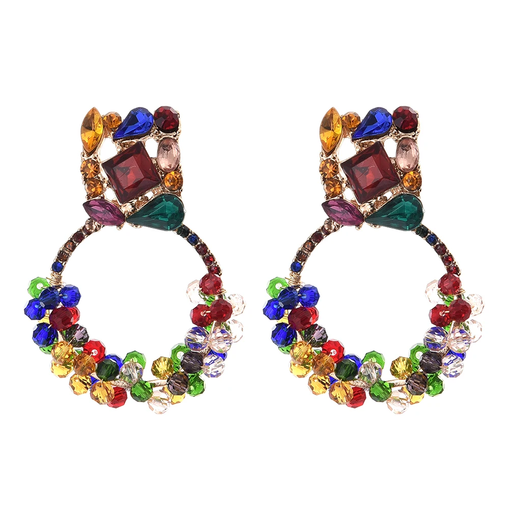 

Hot Sale Gold Metal Inlay Geometric Crystals Dangle Drop Earrings For Women Vintage Circle Pendientes Mujer Jewelry Wholesale