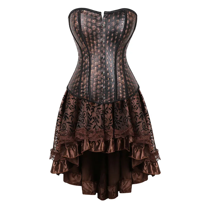 

faux leather corset dress woman steampunk halloween costumes burlesque pirate skull bustier skirt set tops brown sexy plus