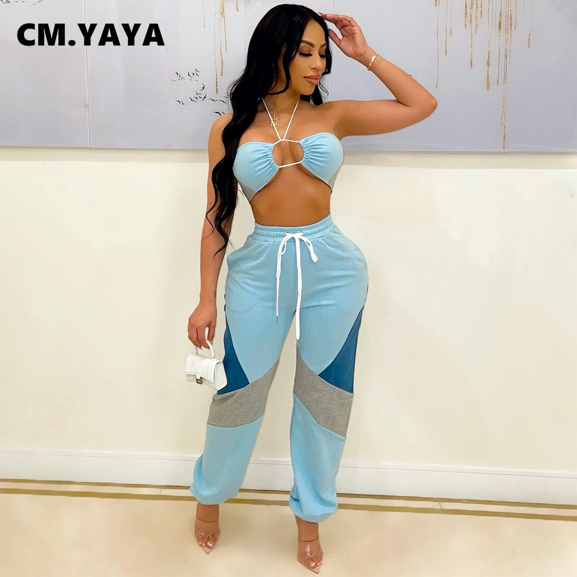 

Женский спортивный костюм CM.YAYA, лоскутный Топ без рукавов с лямкой на шее, эластичные штаны, комплект из двух предметов для бега, лето Спорти...