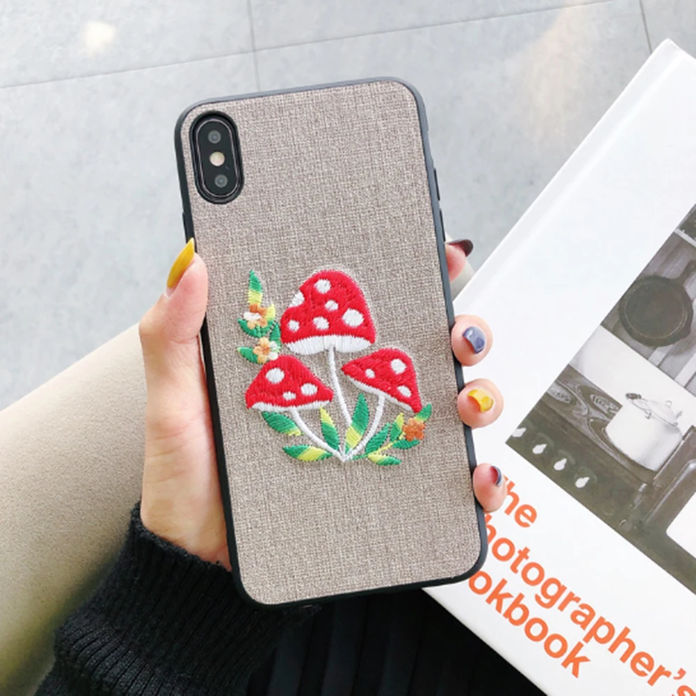 

Cute Embroidery Mushroom Phone Case For Apple iPhone 6 6s 7 8 Plus X XR XS 11 Pro Max TPU Back Cover