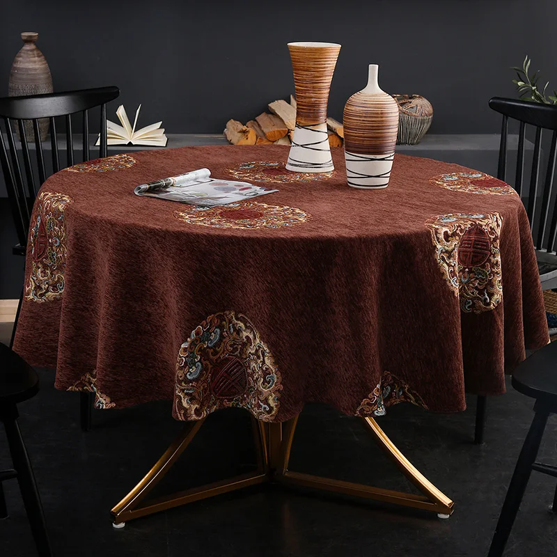 Круглая скатерть из синели новинка вышивка в китайском стиле темно-синяя красная