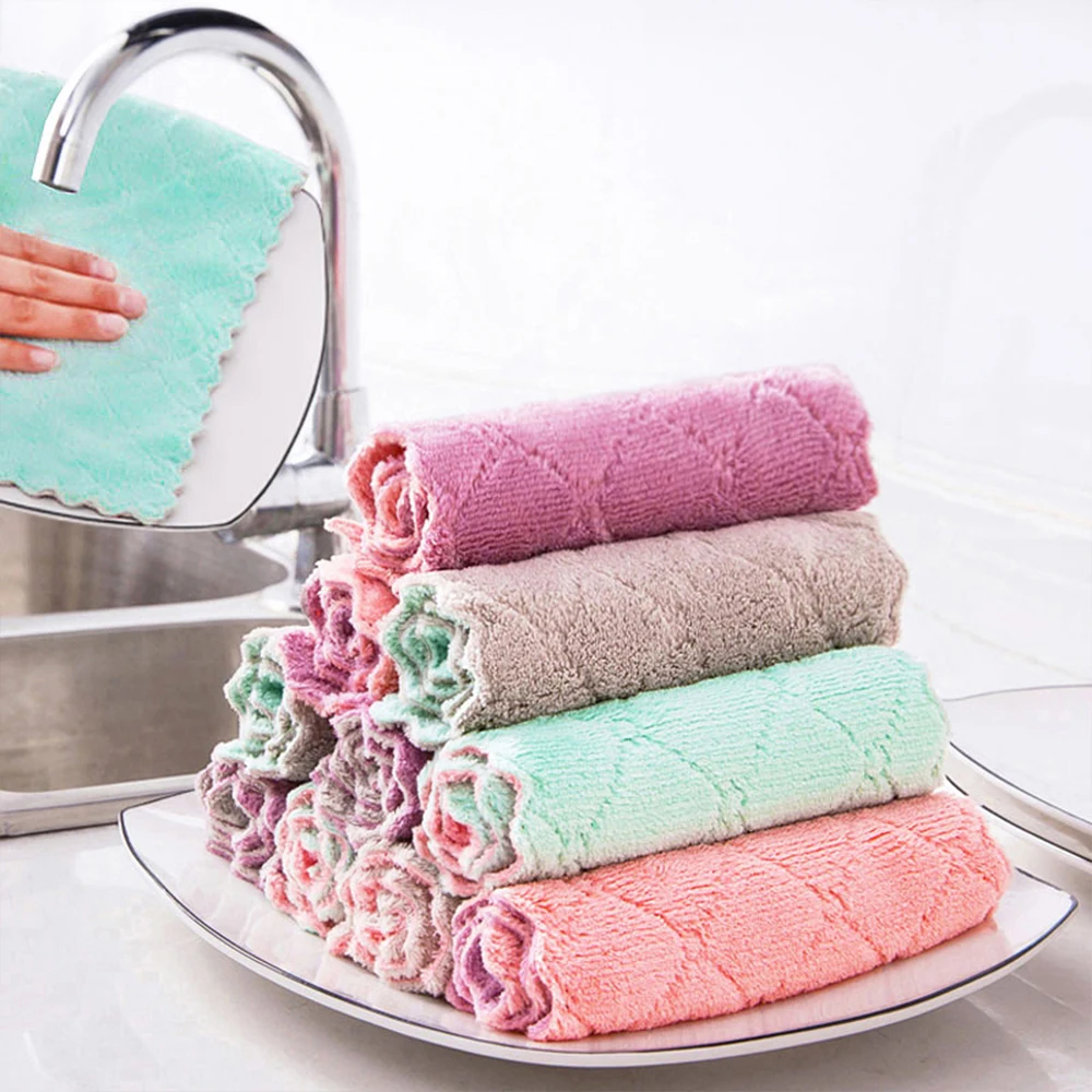 

1pc Random Color Coral Fleece Double-sided Rag 25x15cm Absorbent Non-oily Scouring Pad Dish Towel Reusable Kitchen Cleaning Tool