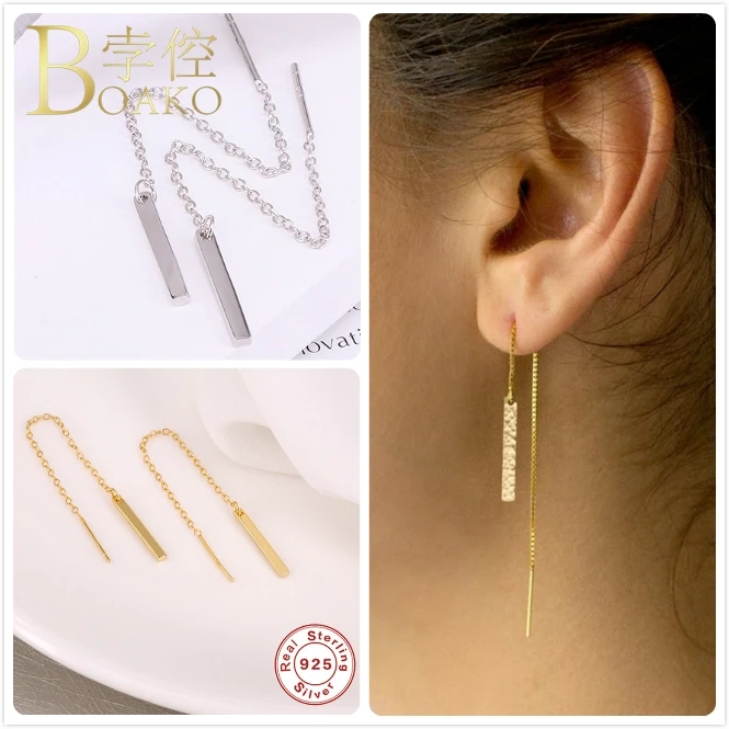 Real 925 Sterling Silver Stud Earrings For Women Long Chain Girl Gift Tassel Earring Female Geometric Pendant aretes | Украшения и