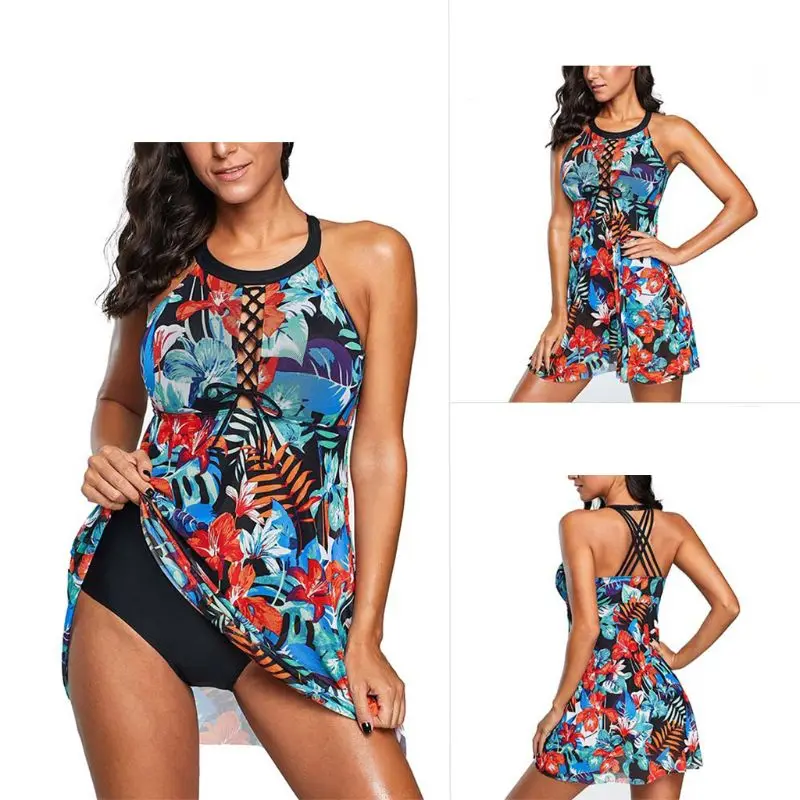 

2022 Women One Piece Swimdress Tummy Control Mononiki Halter Colorful Tropical Leaf Swimwear Criss Cross Lace-Up Bathing Suit