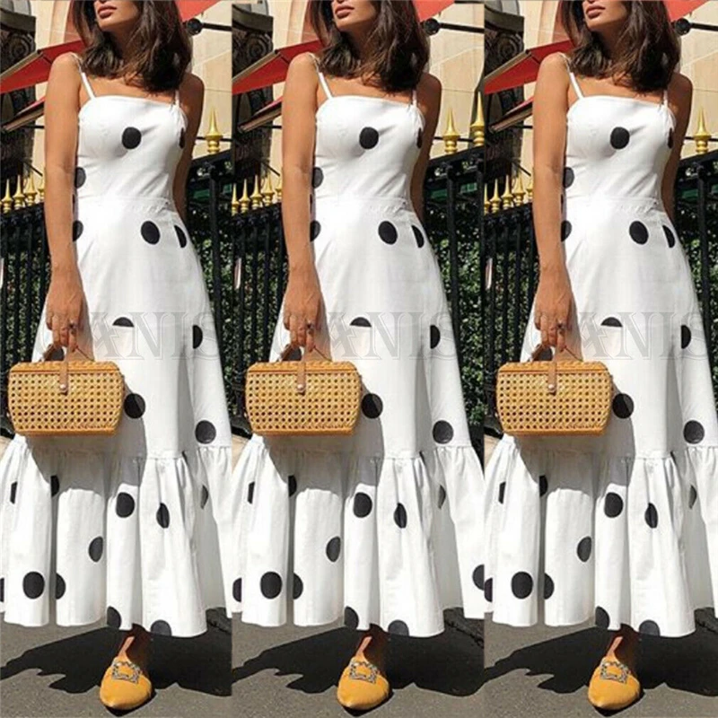 

2019 Summer Women Bohemia Polka Dot Dresses Ladies Long Maxi Vestidos Sleeveless Sexy Evening Party Sundress Beach Dress Femme