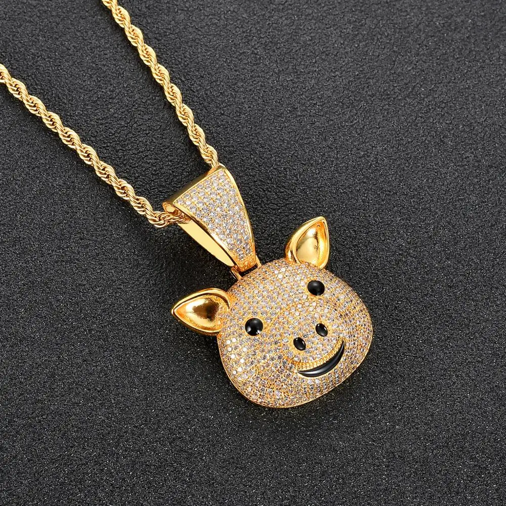 

Top Quality Brass Animal Pig Pendant Iced Out Zircon Stone Collier Gold Men's Necklace Hip Hop Jewelry 2019