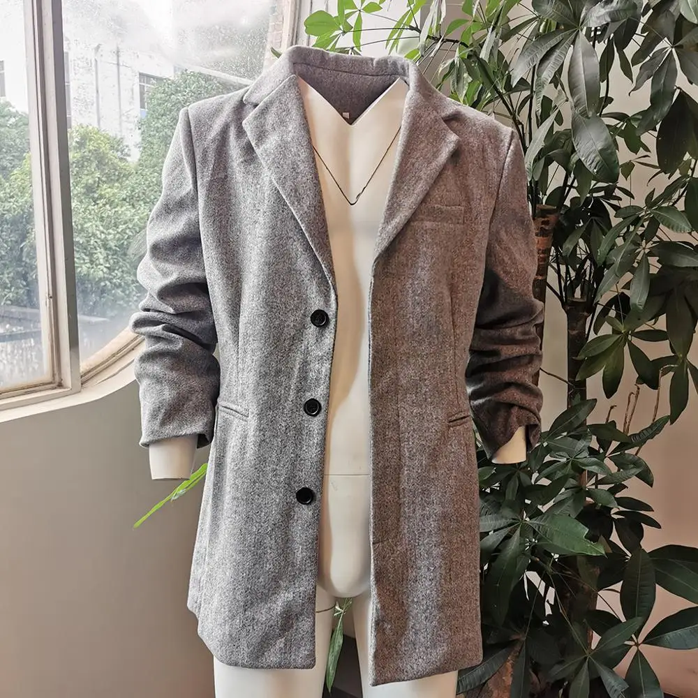 Мужское шерстяное пальто с отложным воротником однотонное длинным рукавом