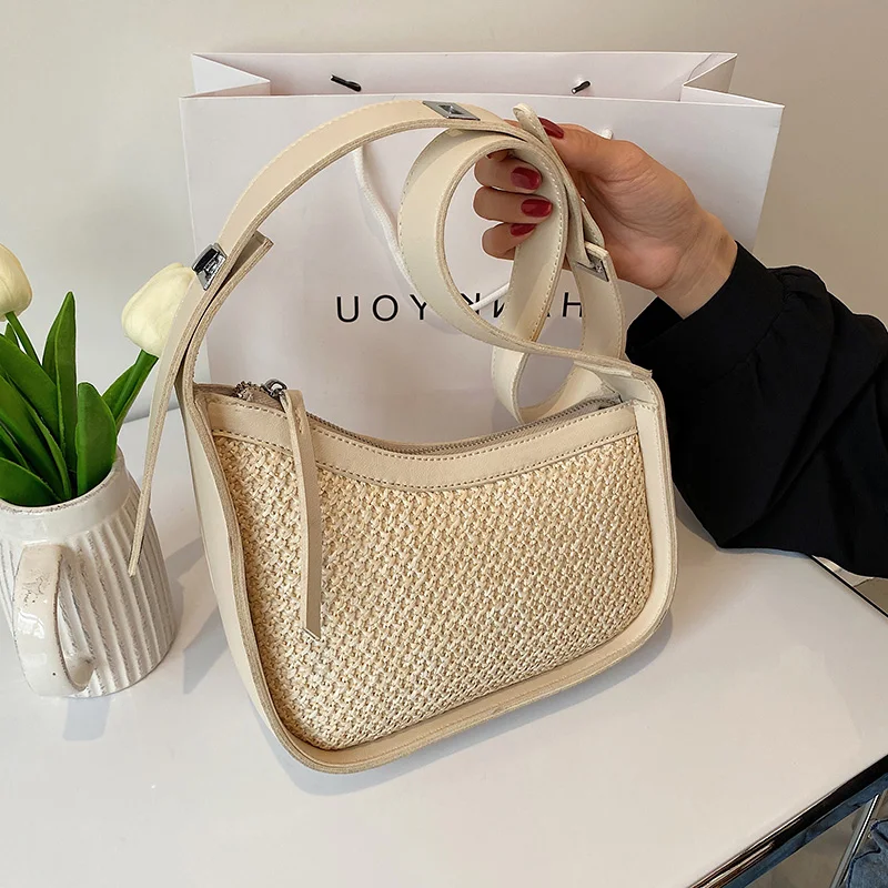 

2021 Summer New Trendy High-End Personalized Grass Weave Underarms Wild Simple Women Niche Western Style One-Shoulder Crossbody