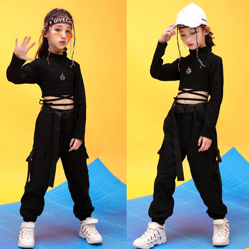 

Enfants Vtements Hip Hop Sweat Noir Petit Haut Crop Pantalons Dcontracts Pour Fille Jazz Costume de Danse Vtements