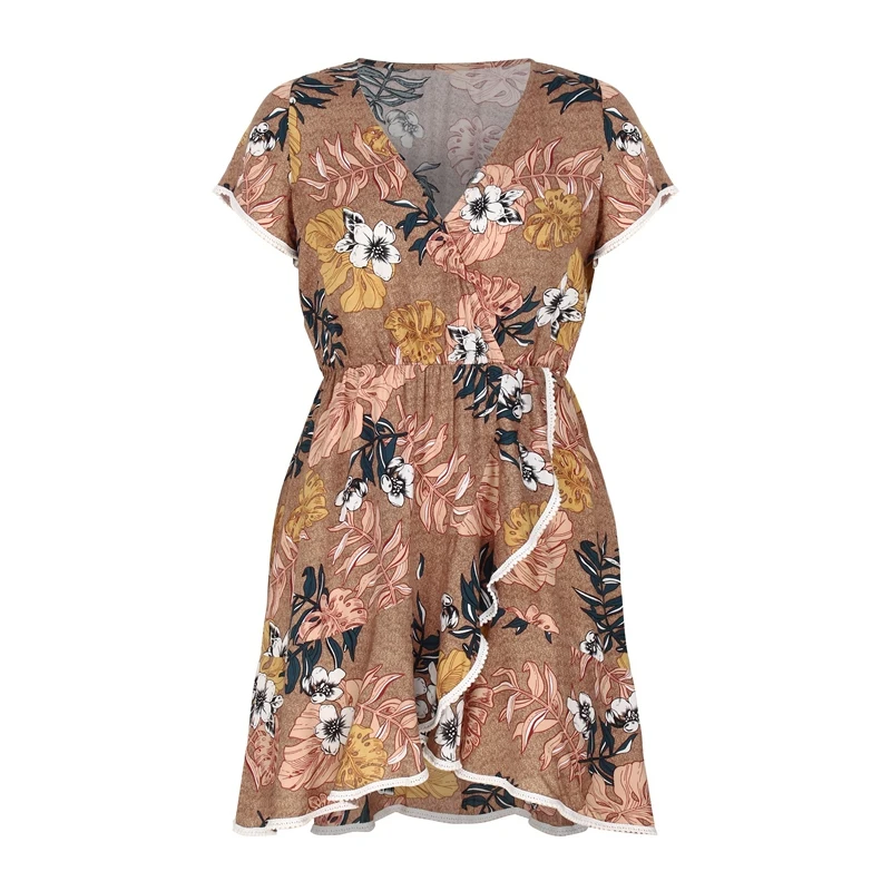 

Women Beach Vacation Floral Printed Mini Dress Irregular Ruffles Short Sleeve Loose Summer V-Neck Dress