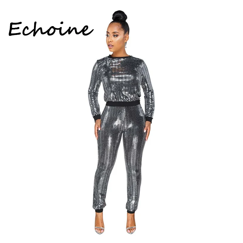 Сексуальная толстовка с блестками и длинным рукавом круглым вырезом + длинные