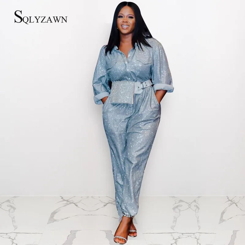 Fashion Sequin Glitter Blue Long Sleeve Cargo Pants Jumpsuit Women Streetwear Fall Romper Casual Loose Overall Plus Size 2XL |