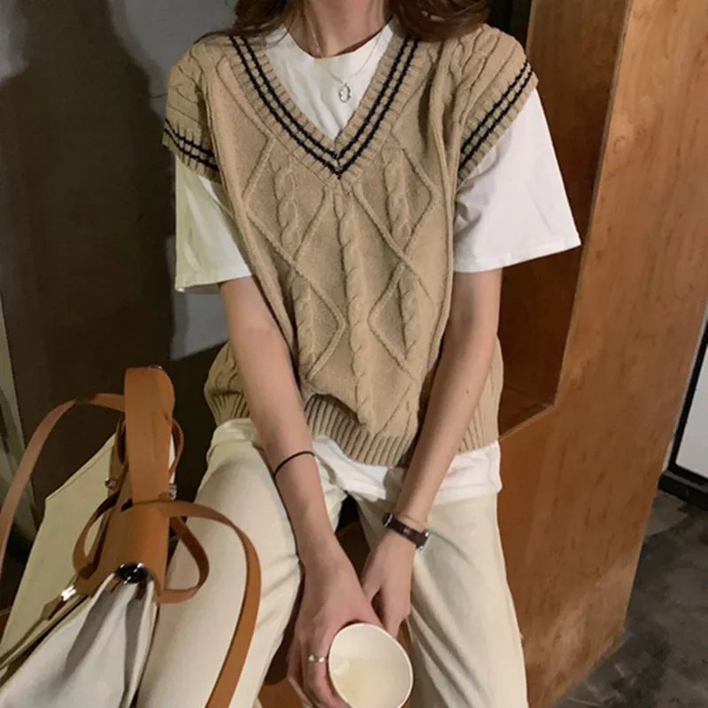 

2 цвета s 2021 корейский элегантный стиль V-образный вырез цветной пэчворк V-образный вырез жилет свитера женские вязаные свитера