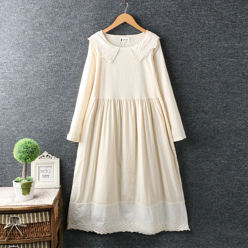 apricot Милый в стиле Mori Girl винтажный клетчатый осенний пуловер с куклой, платье Vestidos, женское платье с отложным воротником из двух частей, свободное платье, платье длинное Femme - Цвет: apricot