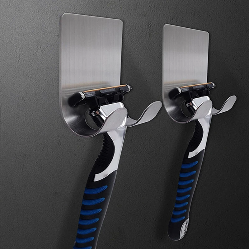 

2Pcs Men Shaving Razor Holder Storage Hook Stainless Steel Bathroom Home Viscose Wall Hooks Nail-free Seamless Shaver Shelf Rack