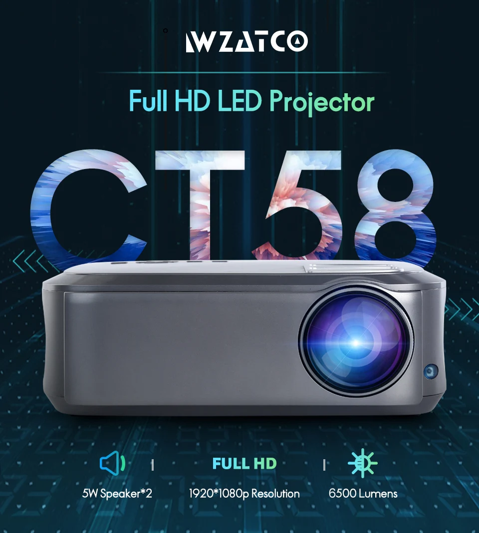 WZATCO Full HD 1080P проектор 200inchT58 Android 9,0 WiFi светодиодный проектор для домашнего кинотеатра HDMI PC видеоигры мобильный проектор