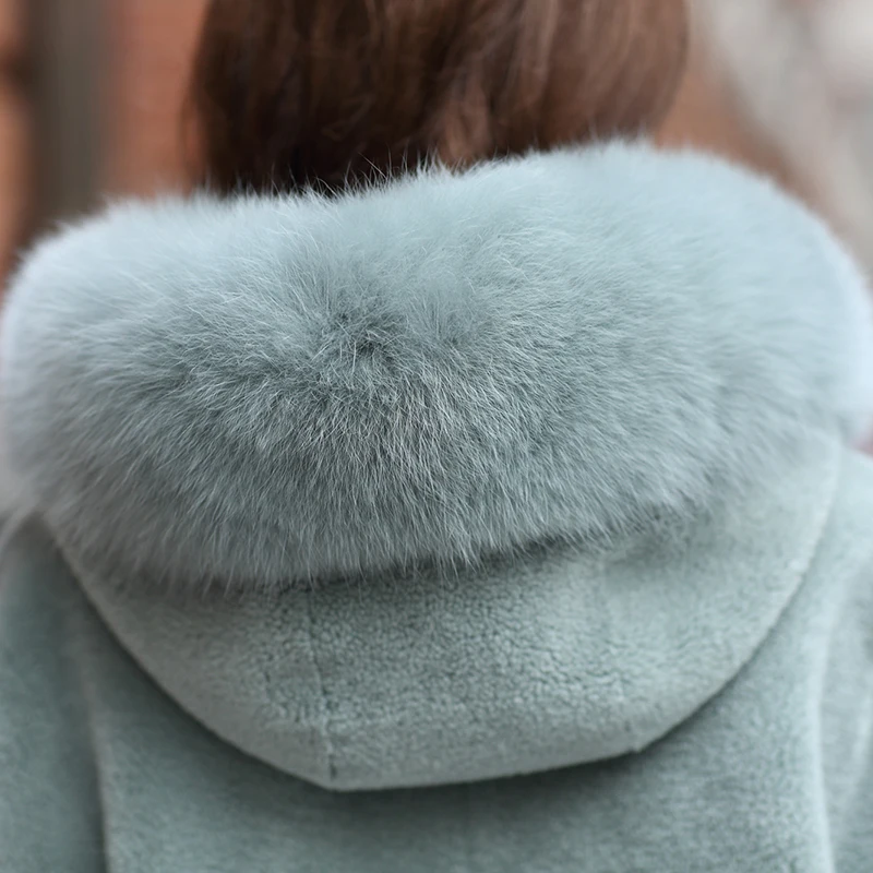 

High 2021 Real Winter Woman Quality Wool Coat Lamb Sheep Sheared Coat With Fox Fur Collar Long Section Korean Version