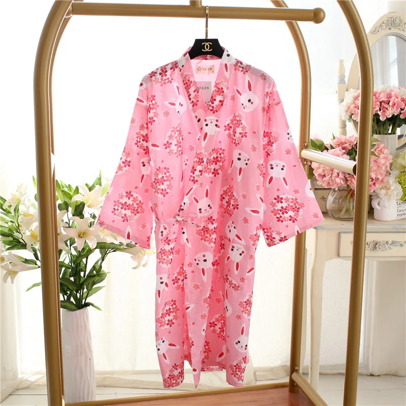 Summer Women Sleepwear Cotton Gauze Kimono Cherry Blossom and Bunny Long Robes Home Clothes Gowns Styles V-neck Bathrobe | Женская