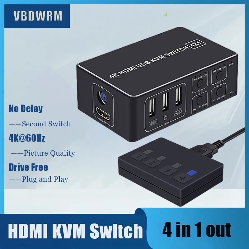 

4K KVM Switch , 4 in 1 Out KVM Switcher 4-port USB HDMI-compatible KVM Switch 4X1 4kX2K/60HZ , HDCP 2.2 for PC Laptop Monitor