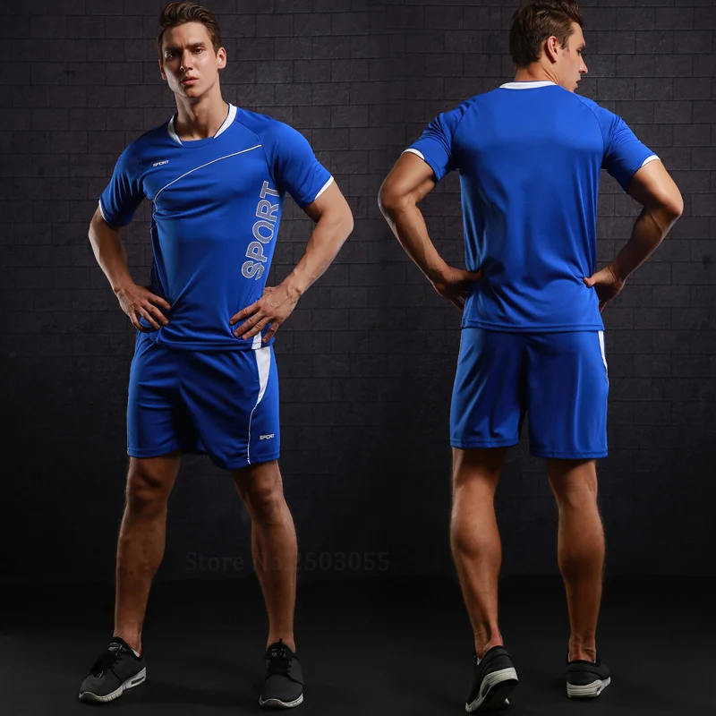 2019 Men Running Suit Short Sleeve+Shorts Basketball Training Tracksuit Quick Dry Loose T-shirt Sports Gym Fitness Clothing