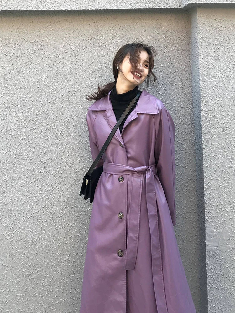 

KBAT 2022 Vintage Women PU Leather Long Jacket Plus Size Winter Faux Leather Sashes Office Lady Windbreaker Trench Coat Outwear