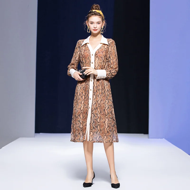 

Designer Fashion Elegance Spring New Women Sexy Leopard Print Lapel Color Matching Single Breasted Party Vacation Midi Dress