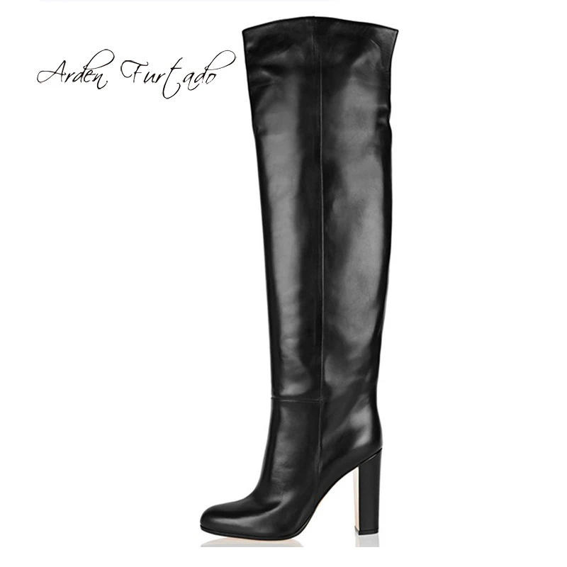 

Winter Women Black Leather Boots Chunky heels High Heels Knee High boots Fashion Slip On Women Boots Shoes Woman large size