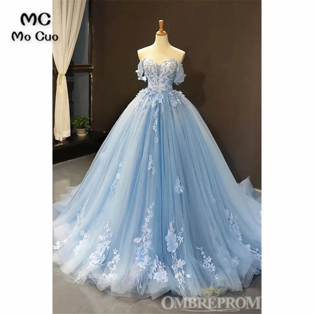 

Light Blue Off Shoulder Prom Dresses with Appliques Lace Party Dress Women's Evening Gown Tulle Prom Dress Custom Made