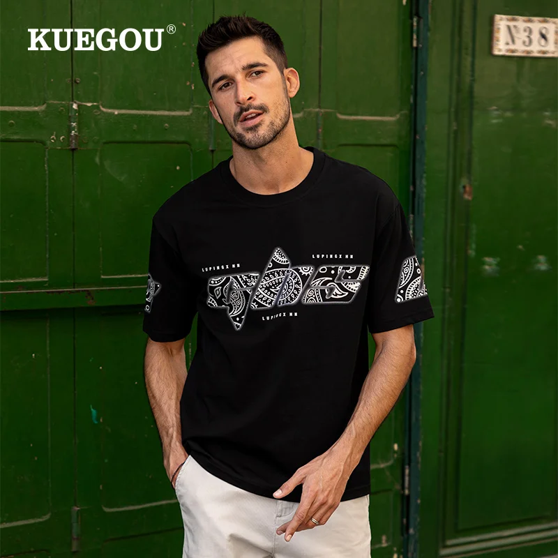 

Мужская футболка с коротким рукавом KUEGOU, черная свободная футболка с коротким рукавом, с принтом, большие размеры, лето 2022