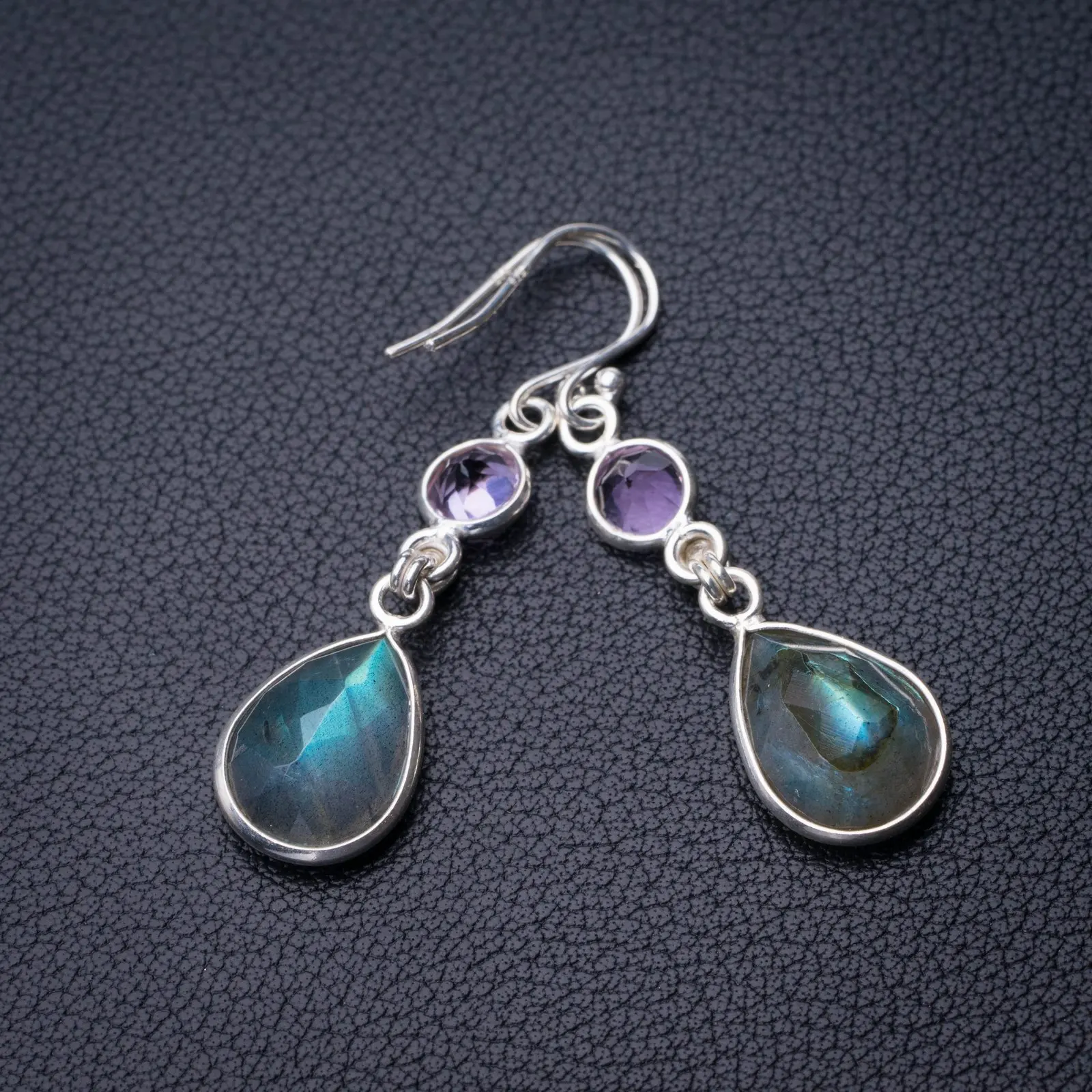 

StarGems Natural Blue Fire Labradorite And Amethyst Handmade 925 Sterling Silver Earrings 1.5" D7760