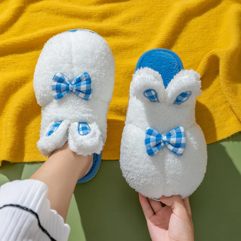 

Winter Home Cotton Slippers Women Soft Plush Flat Slides Couples House Thicken Hairy Bowknot Shoes Cute Rabbit Ears Slippers