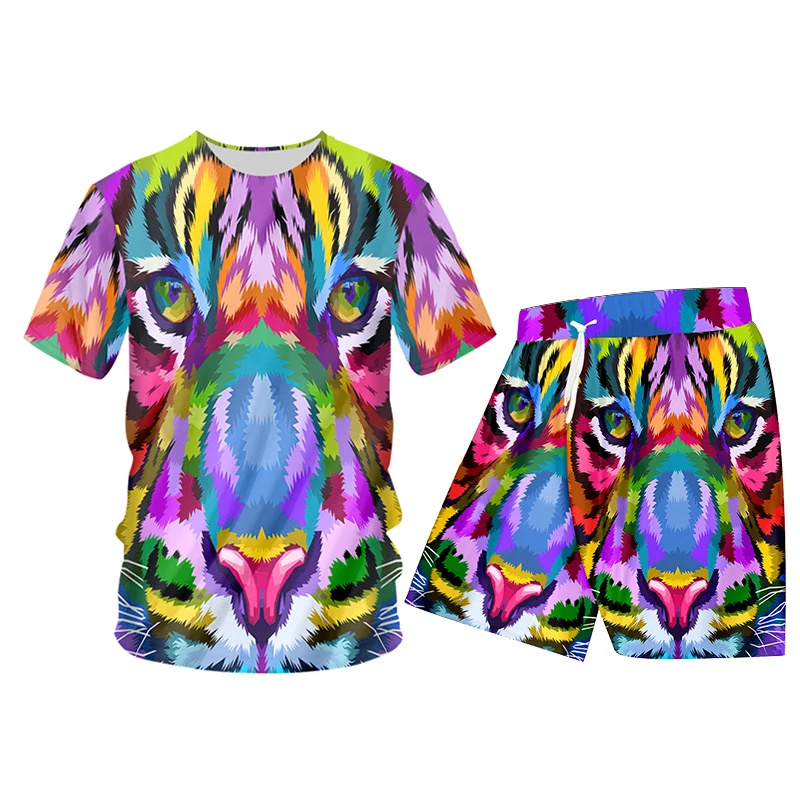 

UJWI Mens Hawaiian Shirt Casual Button Colorful Animal Tiger Print Pants Vest Two-piece Suit Unisex Trend Cardigan Suppliers
