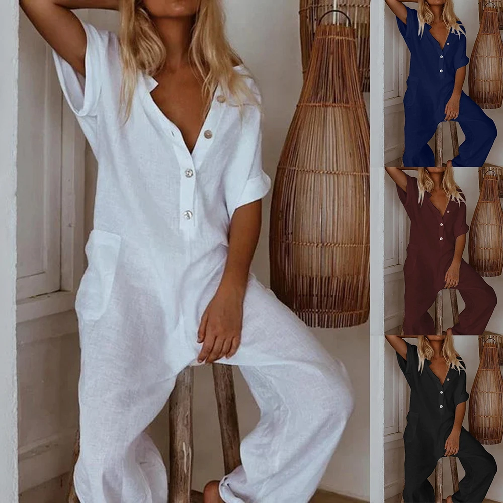 

Women Jumpsuit Elegant Button V Neck Cotton Linen Jumpsuits 2021 Summer Printed Short Sleeve Loose Trousers Romper Sexy Bodysuit