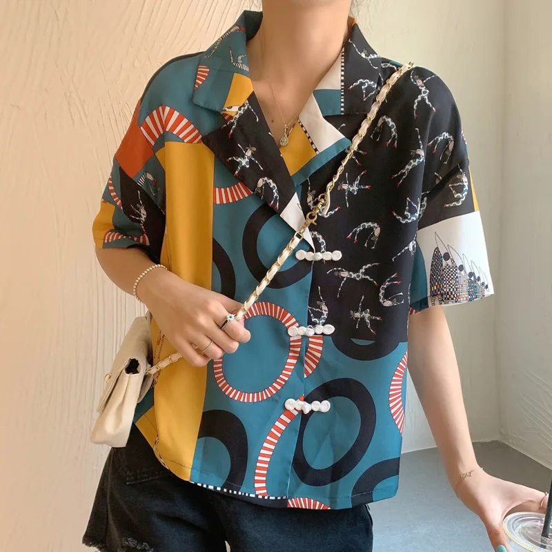 

Blouses Women Short Sleeve Geometric Loose BF Harajuku Shirts Vintage Students All-match Preppy Style Womens Tops Stylish