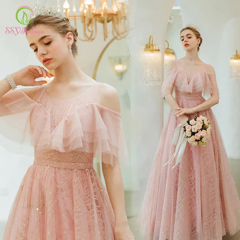 

Женское вечернее платье SSYFashion, розовое банкетное платье длиной до пола, с блестками и бисером, длинное строгое вечернее платье