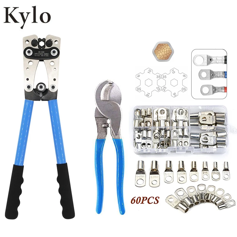 HX-50B Cable Lug Crimping Tool Kit For Heavy Duty Wire Lugs,Battery Terminals,Copper Lugs AWG 8-1/0 with 60pcs Connectors Set
