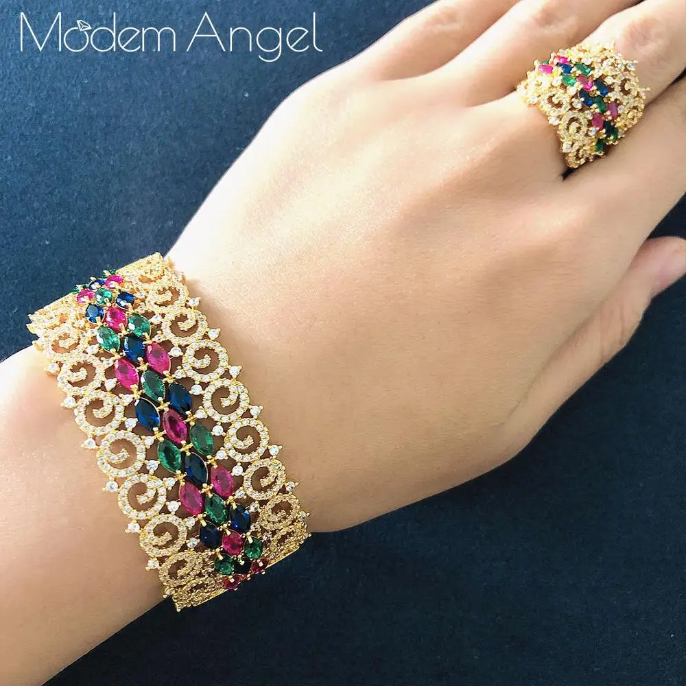 

ModemAngel Luxury Special Design 3 Tone Mixed Cubic Zirconia Copper Geometry Party Wedding Saudi Arabic Dubai Bangle Ring Set