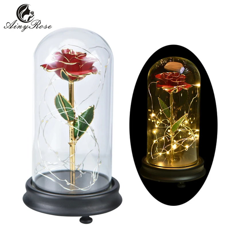 

AINYROSE 24K золотой цветок розы со светодиодным светильник, искусственные цветы, стеклянный купол, свадебные украшения, подарок для женщин