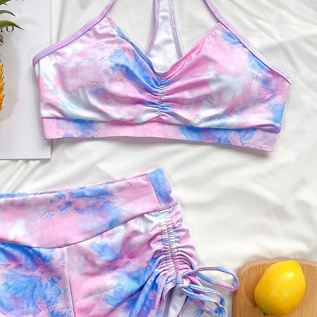 

Women Swimsuit Tie-dye Camis Shorts Bikini Set Push-Up Pad Swimwear High Waist Bikini 2020 Mujer Beachwear Summer Swimming Suit