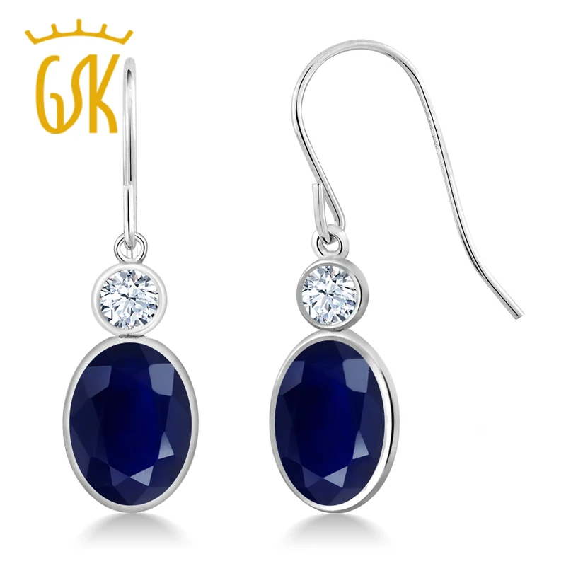 Женские серьги GemStoneKing из белого золота 14 к, 3,84 карат, Овальный натуральный синий сапфир, Белый сапфир, висячие серьги