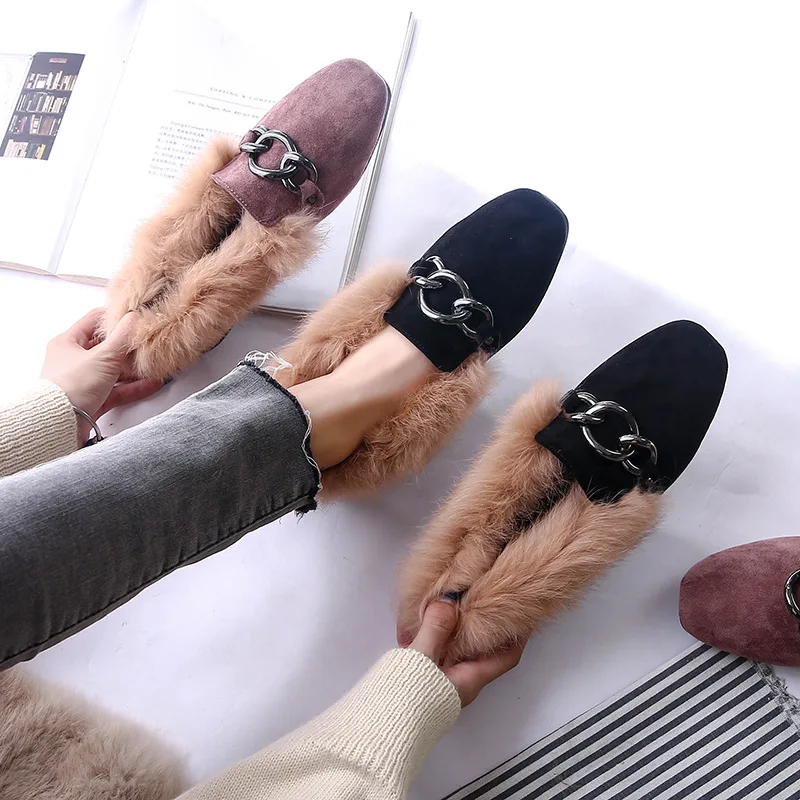 2019 осень и зима Новый стиль кроличьем меху на плоской подошве Обувь с высоким