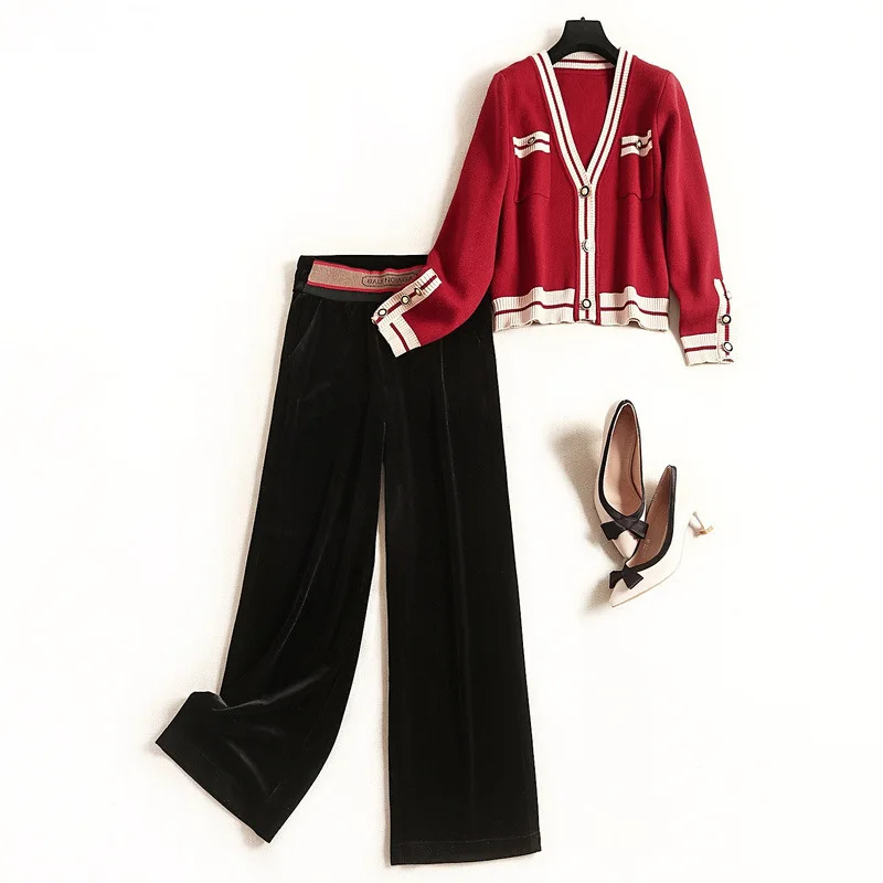 

Chic Velvet Wide Leg Pantsuit Fall Winter 2 Pieces Pants Set Women Long Sleeve Single-breasted Knit Cardigan Tops and Trousers