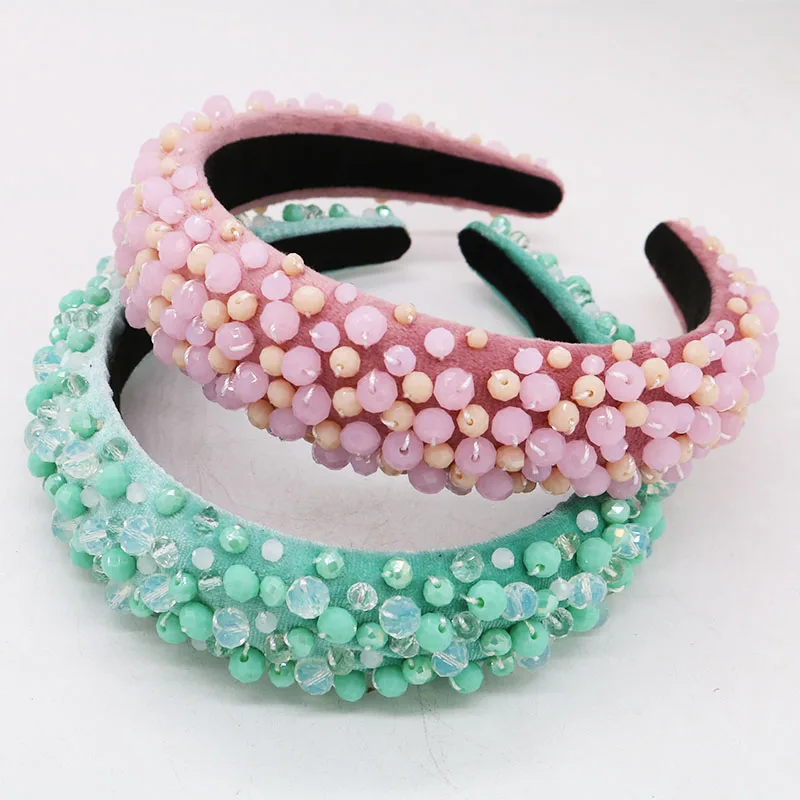 Лента для волос широкая бархатная ручной работы с кристаллами и жемчужинами