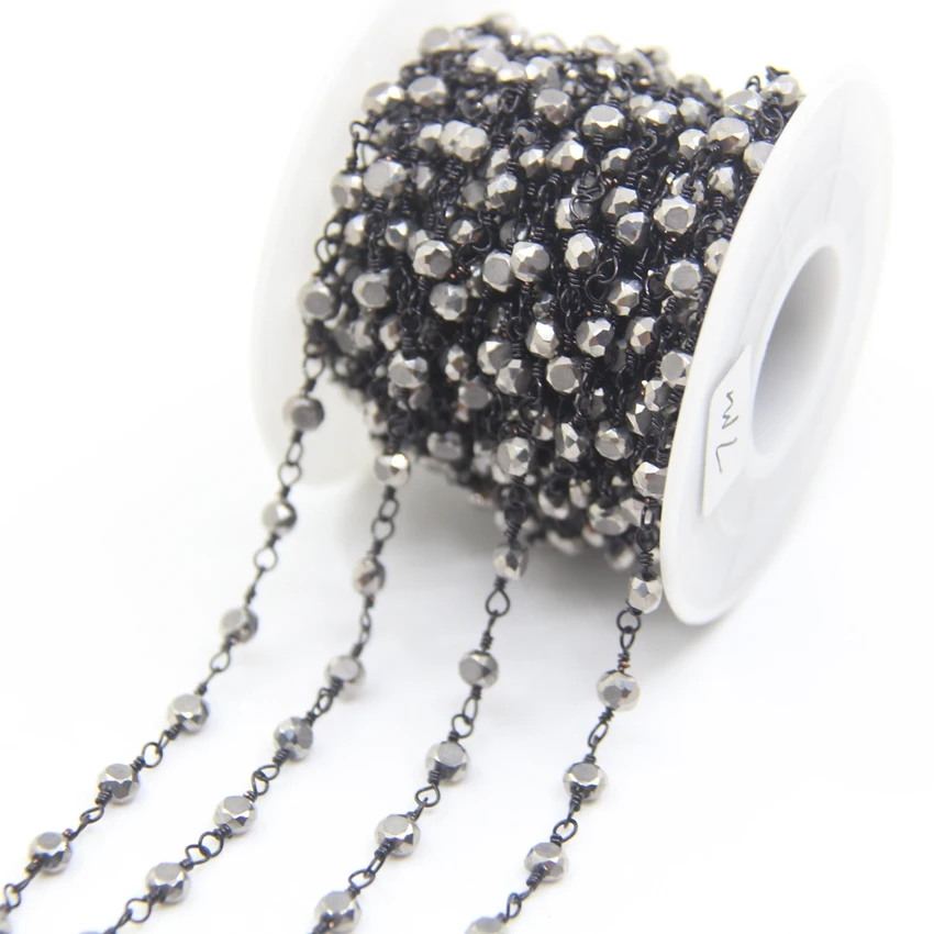 

5Meter Faceted Hematite 4mm Round Beads Rosary Chains,Gunmetal Brass Wire Wrapped Stone Necklace Chains Bracelets Jewelry Making