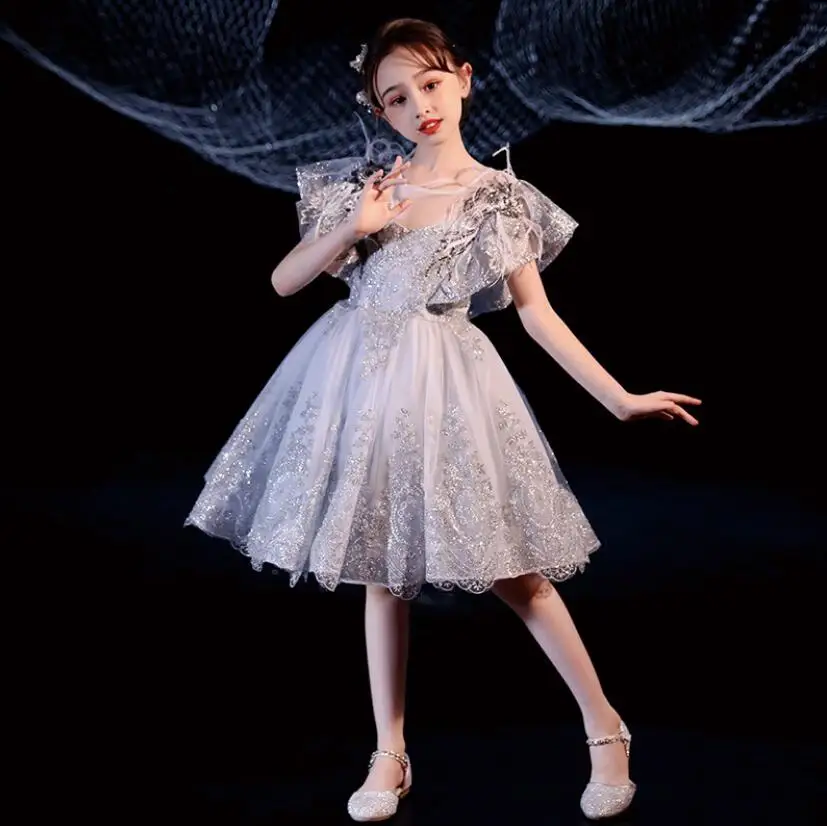 

Gray Lace Girl Dresses for Weddings Pageant Dress for Kids Prom Gown Beading Sequin Tulle Holy Communion Dresses Evening Clothes