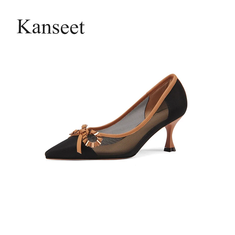 

Kanseet Shoes High Heels Fashion Net Yarn 2021 Women Pumps Summer Sexy Pointed Toe Party Butterfly-Knot Shallow Shoes For Women