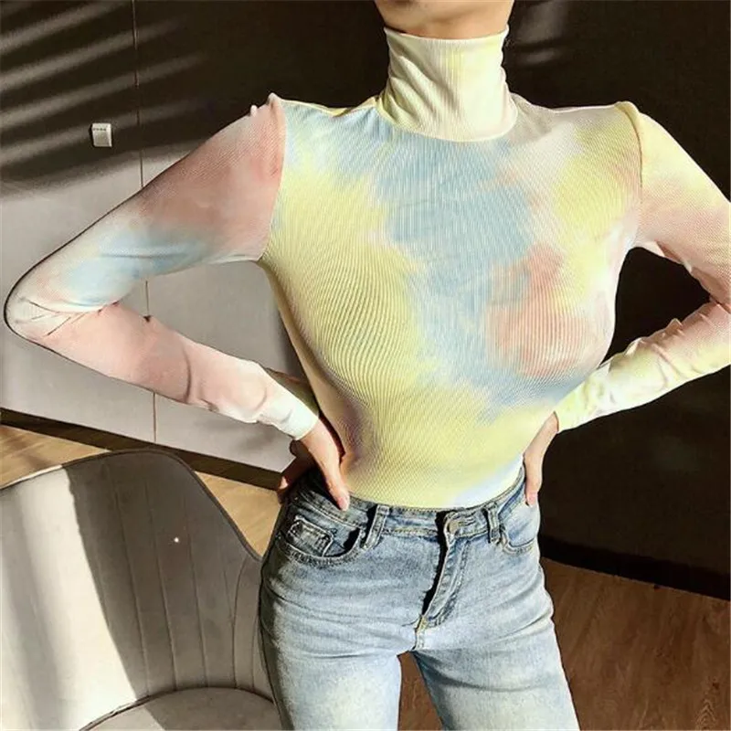 

Women's Ribbed Knitting T Shirt Autumn Winter Long-Sleeved Top Fall Wrapped Elastic Party High-Neck Tie Dye Printed Top Clothes
