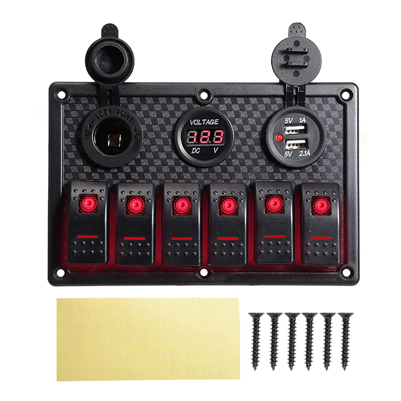 

12V 24V 6 Gang Red LED Car Switch Panel Circuit Breakers Overload Protect Boat Rocker Switch Control Panel Set Universal